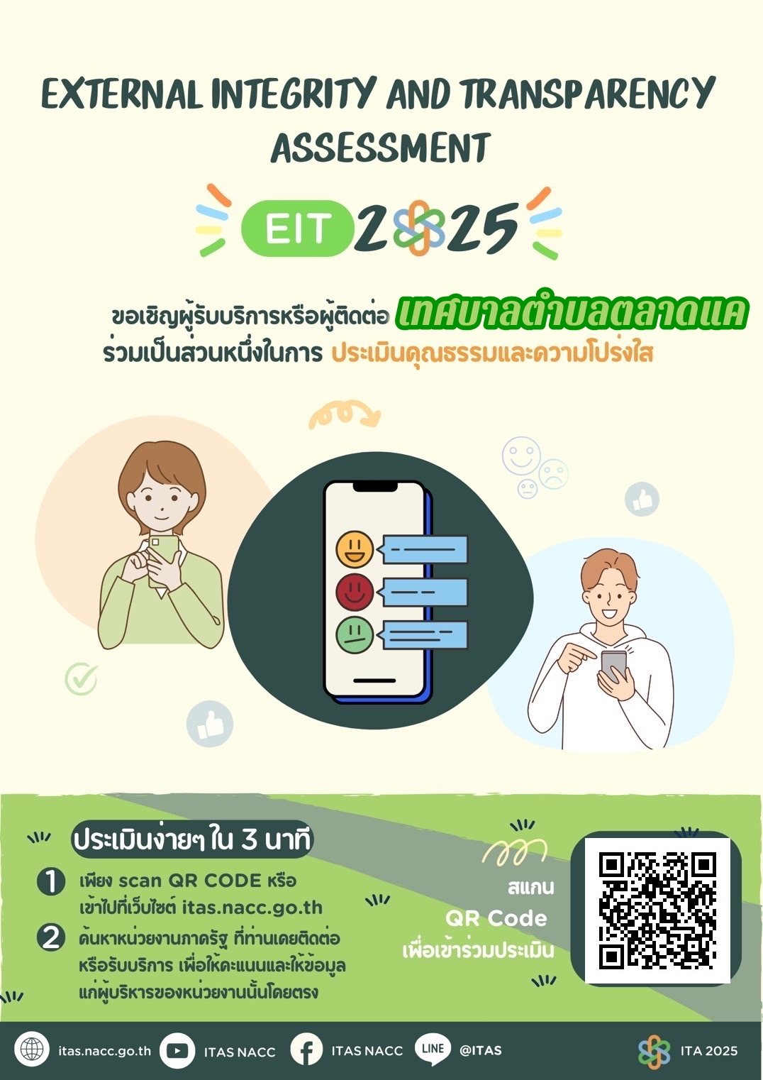 ขอเชิญผู้มีส่วนได้ส่วนเสียภายนอก (EIT) ร่วมทำแบบสอบถามประเมินคุณธรรมและความโปร่งใสในการดำเนินการของหน่วยงานภาครัฐ (ITA) ของเทศบาลตำบลตลาดแค ประจำปีงบประมาณ พ.ศ.2568