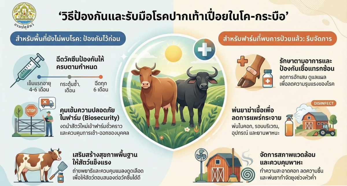 สาระน่ารู้ วิธีป้องกันและรับมือโรคปากเท้าเปื่อยในโค-กระบือ